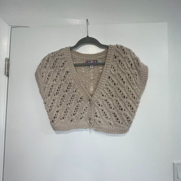 Urban Outfitters Boho Knit Crop Cardigan • Beige Crochet Button Vest Large - Picture 1 of 5